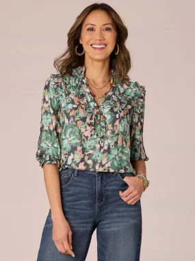 Below Elbow Sleeve Ruffle Stand Collar Floral Printed Woven Top