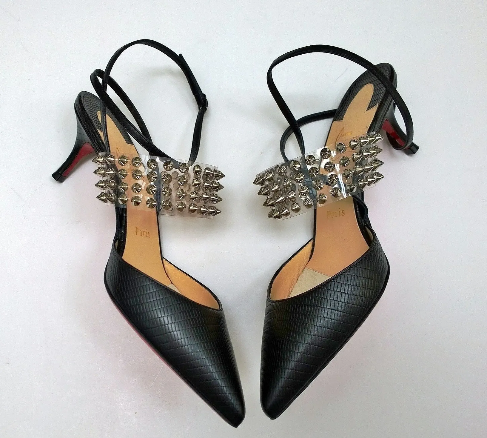 Christian Louboutin Levita 55 Black Embossed Croc PVC Studs Ankle Strap Heels