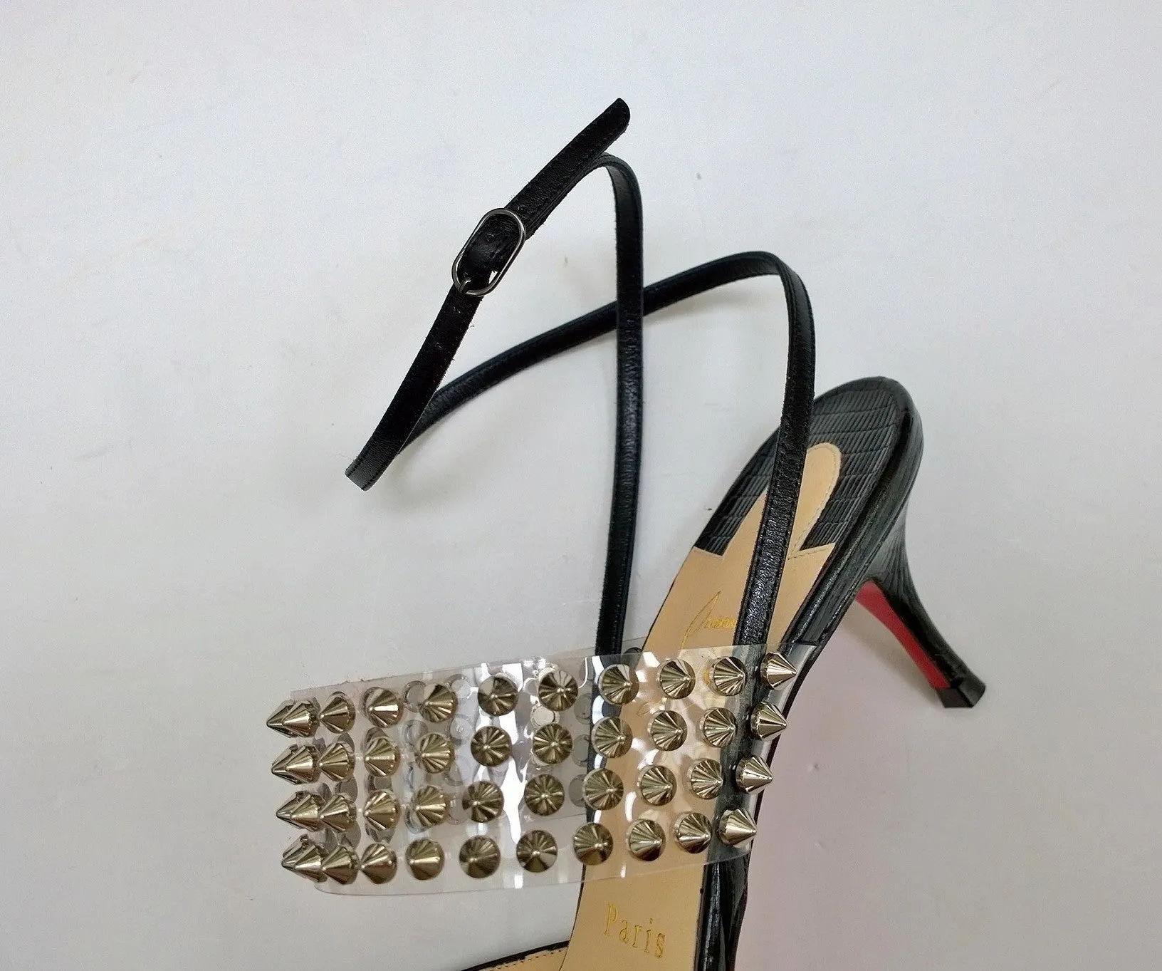 Christian Louboutin Levita 55 Black Embossed Croc PVC Studs Ankle Strap Heels