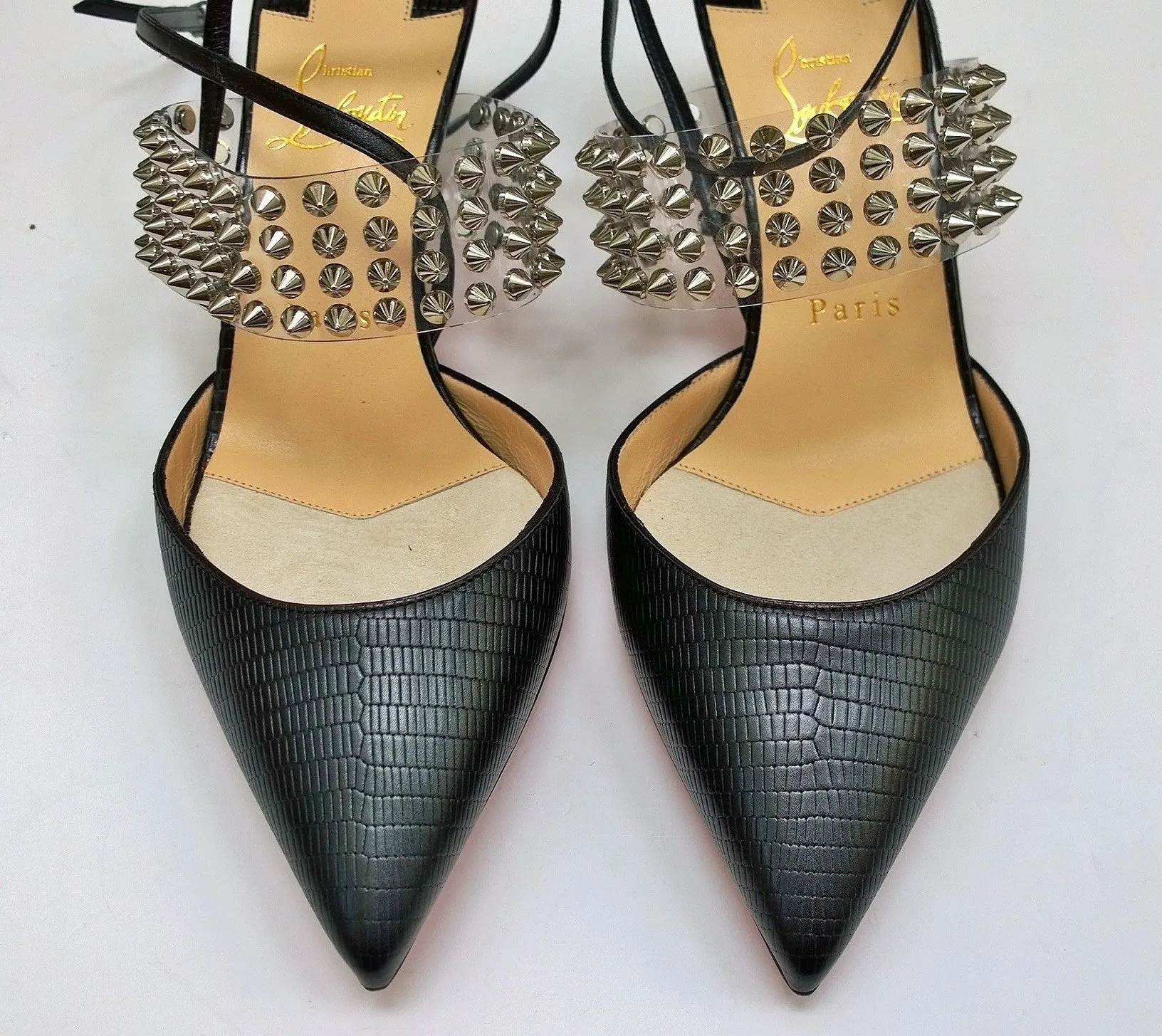 Christian Louboutin Levita 55 Black Embossed Croc PVC Studs Ankle Strap Heels