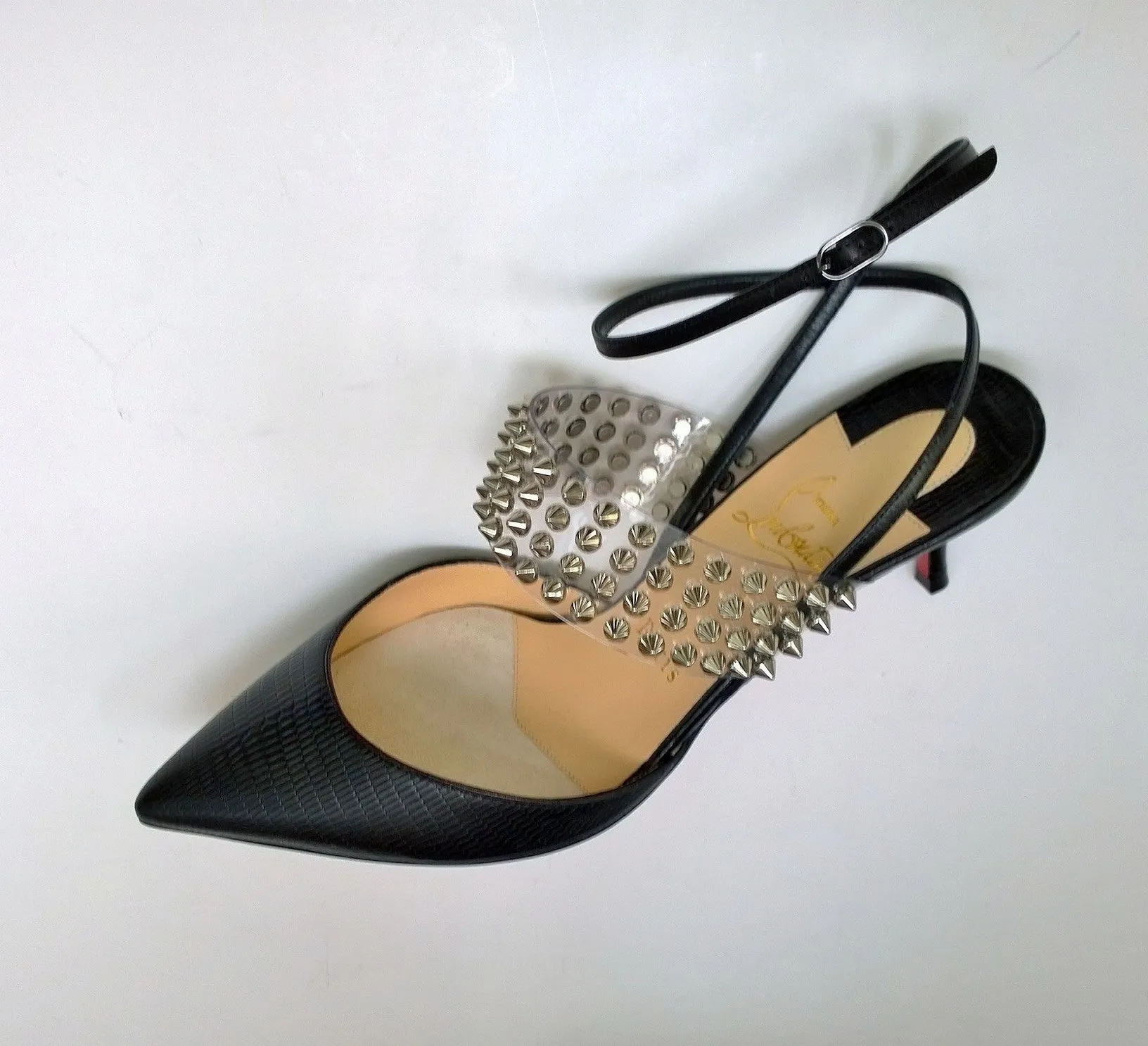 Christian Louboutin Levita 55 Black Embossed Croc PVC Studs Ankle Strap Heels