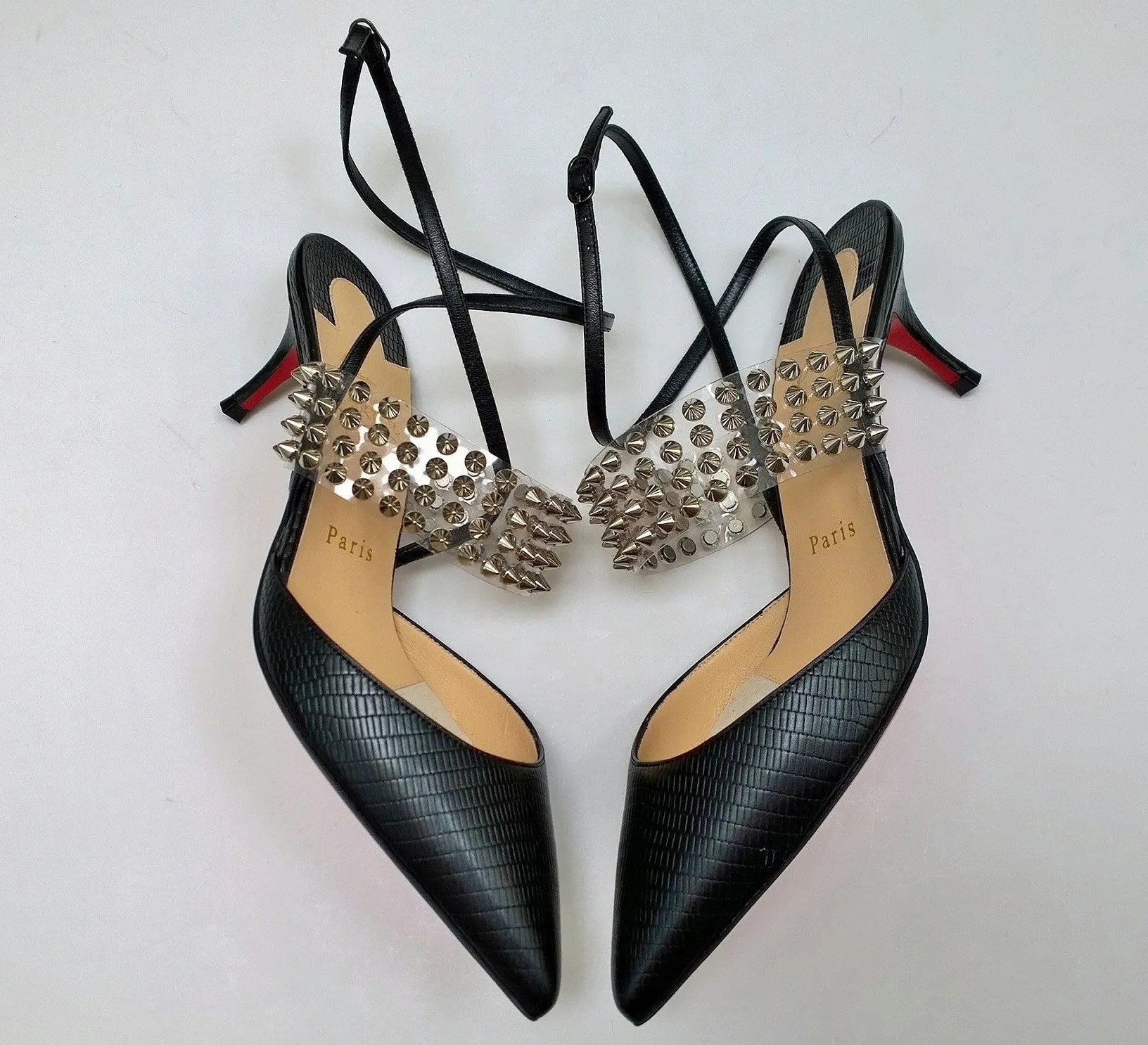 Christian Louboutin Levita 55 Black Embossed Croc PVC Studs Ankle Strap Heels