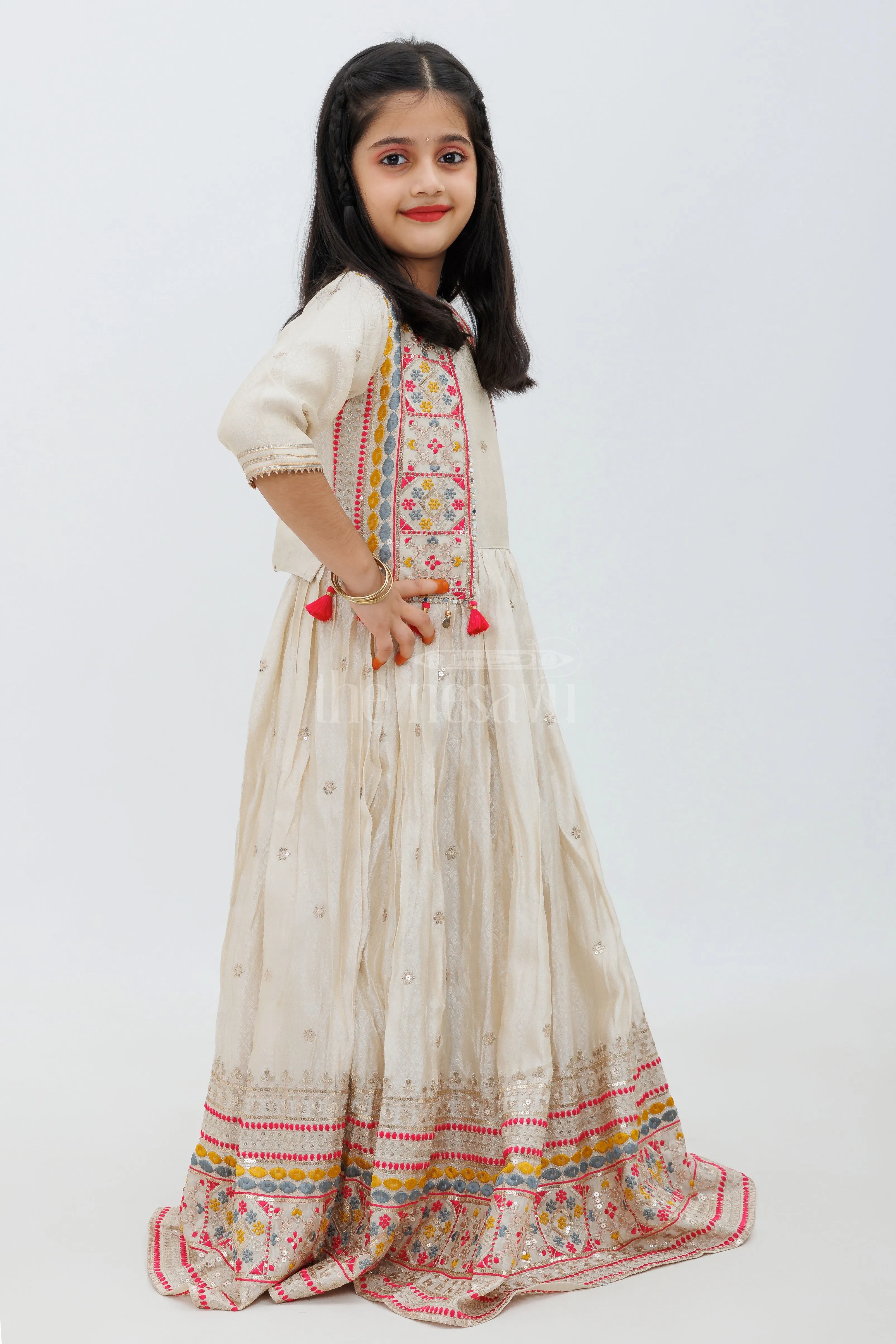 Cream Shimmer Viscose Silk Party Gown for Girls