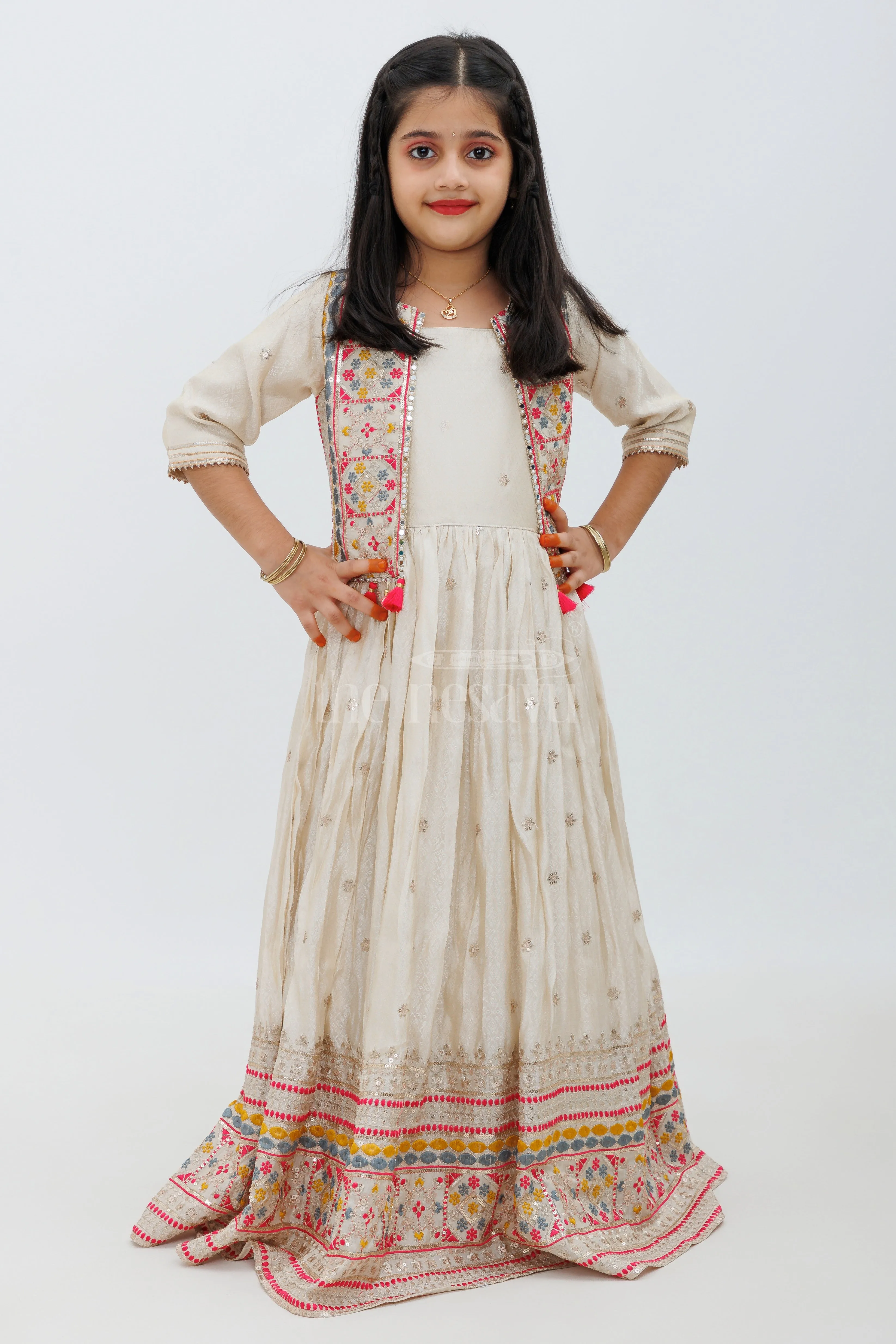 Cream Shimmer Viscose Silk Party Gown for Girls