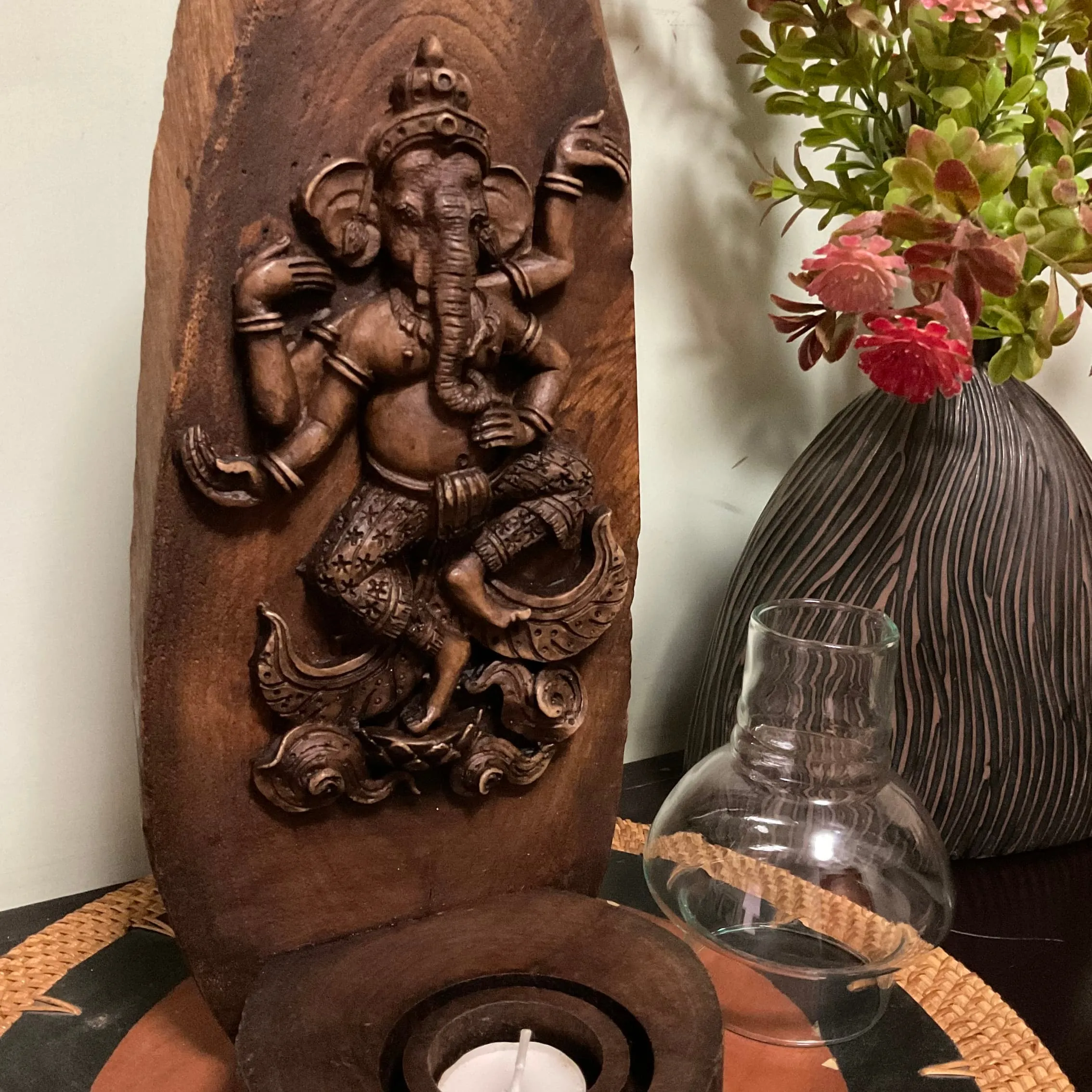 Dancing Ganesha Wooden Panel Tea Light - Wall Decor