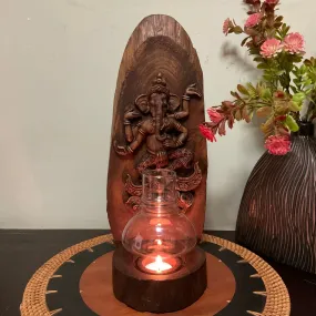 Dancing Ganesha Wooden Panel Tea Light - Wall Decor