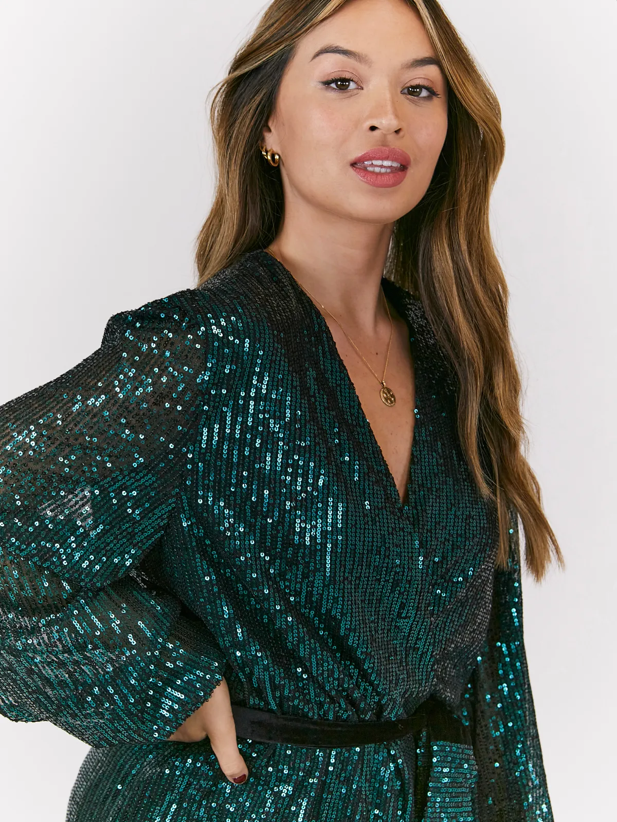 Dani Sequin Wrap Dress / Emerald Green