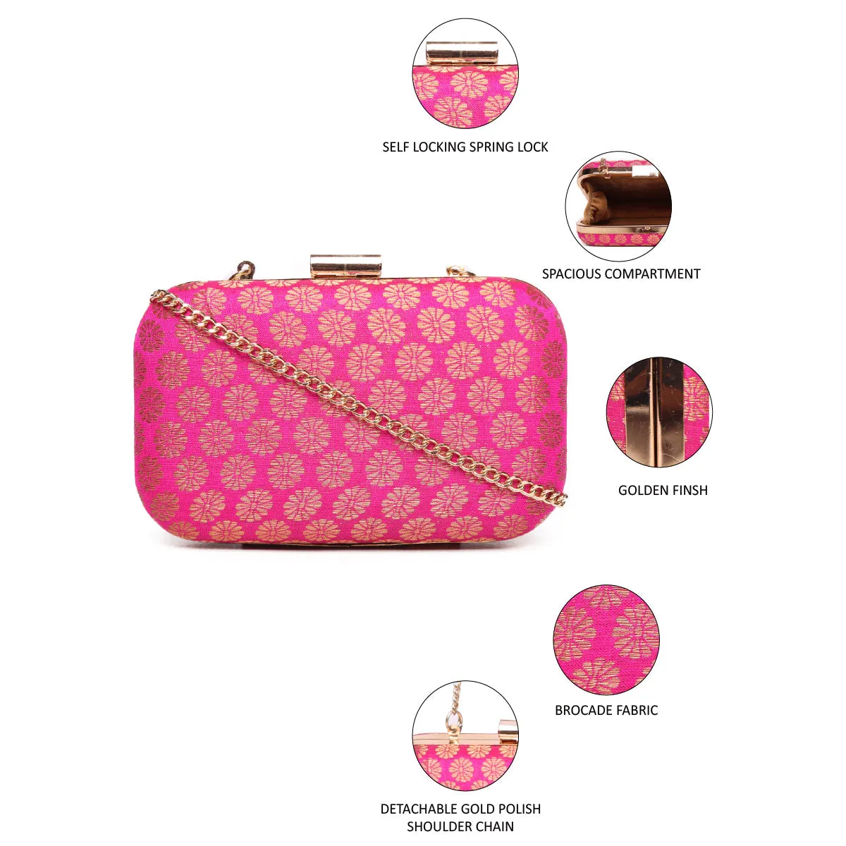 Embllished Pink Jewel Box Clutch With Sling Strap