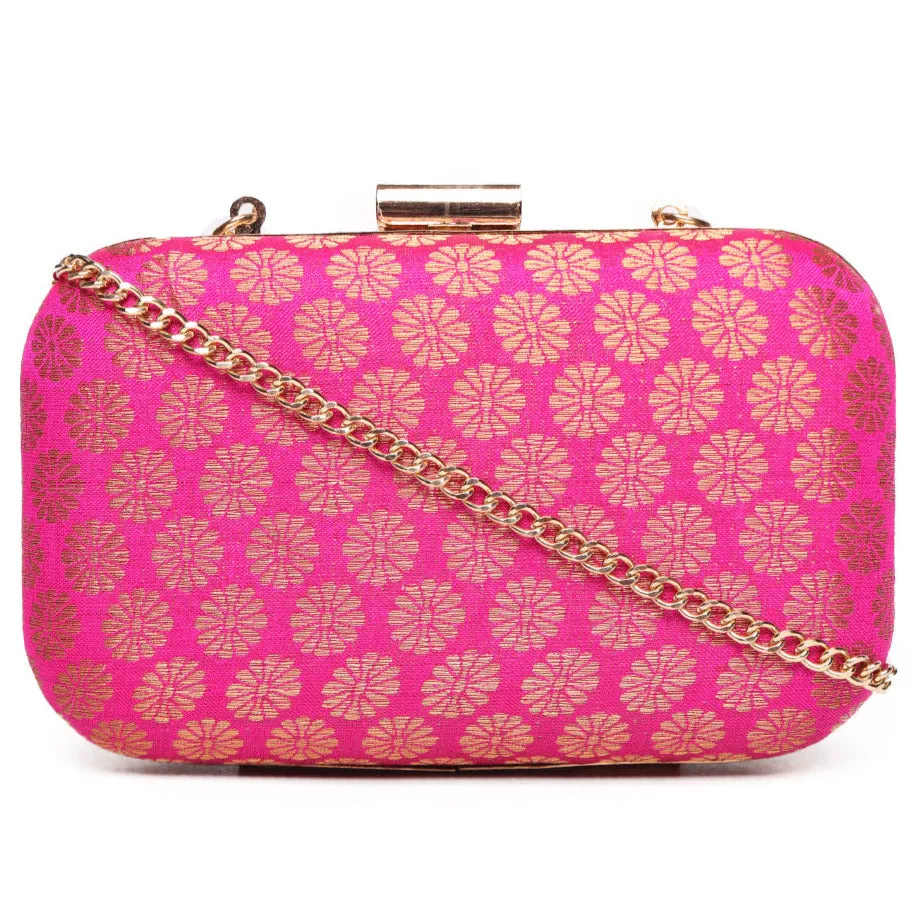 Embllished Pink Jewel Box Clutch With Sling Strap