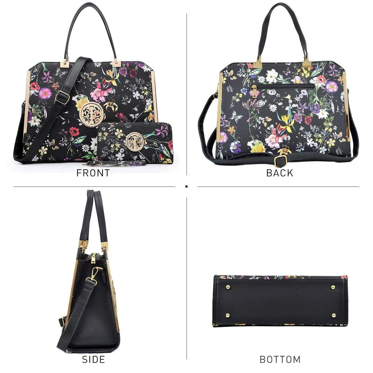 Floral Print Emblem Handbag with Matching Wallet