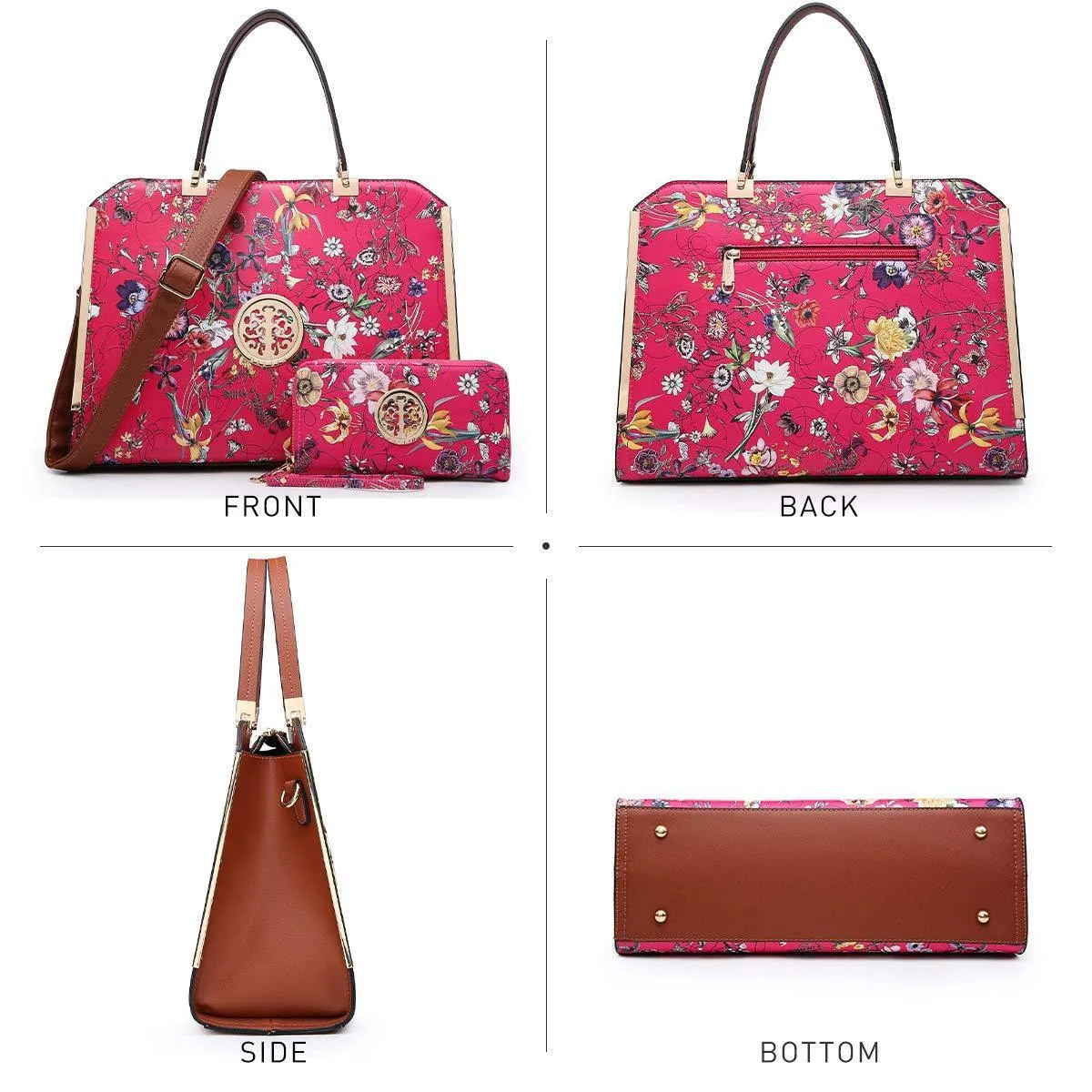 Floral Print Emblem Handbag with Matching Wallet