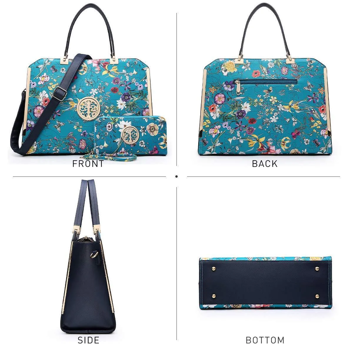 Floral Print Emblem Handbag with Matching Wallet