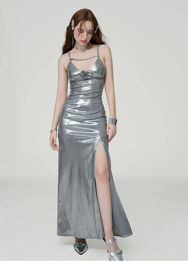 Metallic Sheen Slip Dress with Thigh-High Split