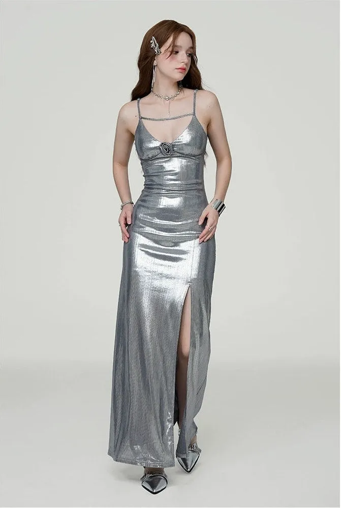 Metallic Sheen Slip Dress with Thigh-High Split