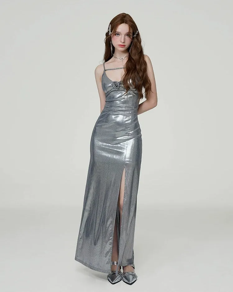 Metallic Sheen Slip Dress with Thigh-High Split