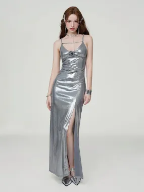 Metallic Sheen Slip Dress with Thigh-High Split