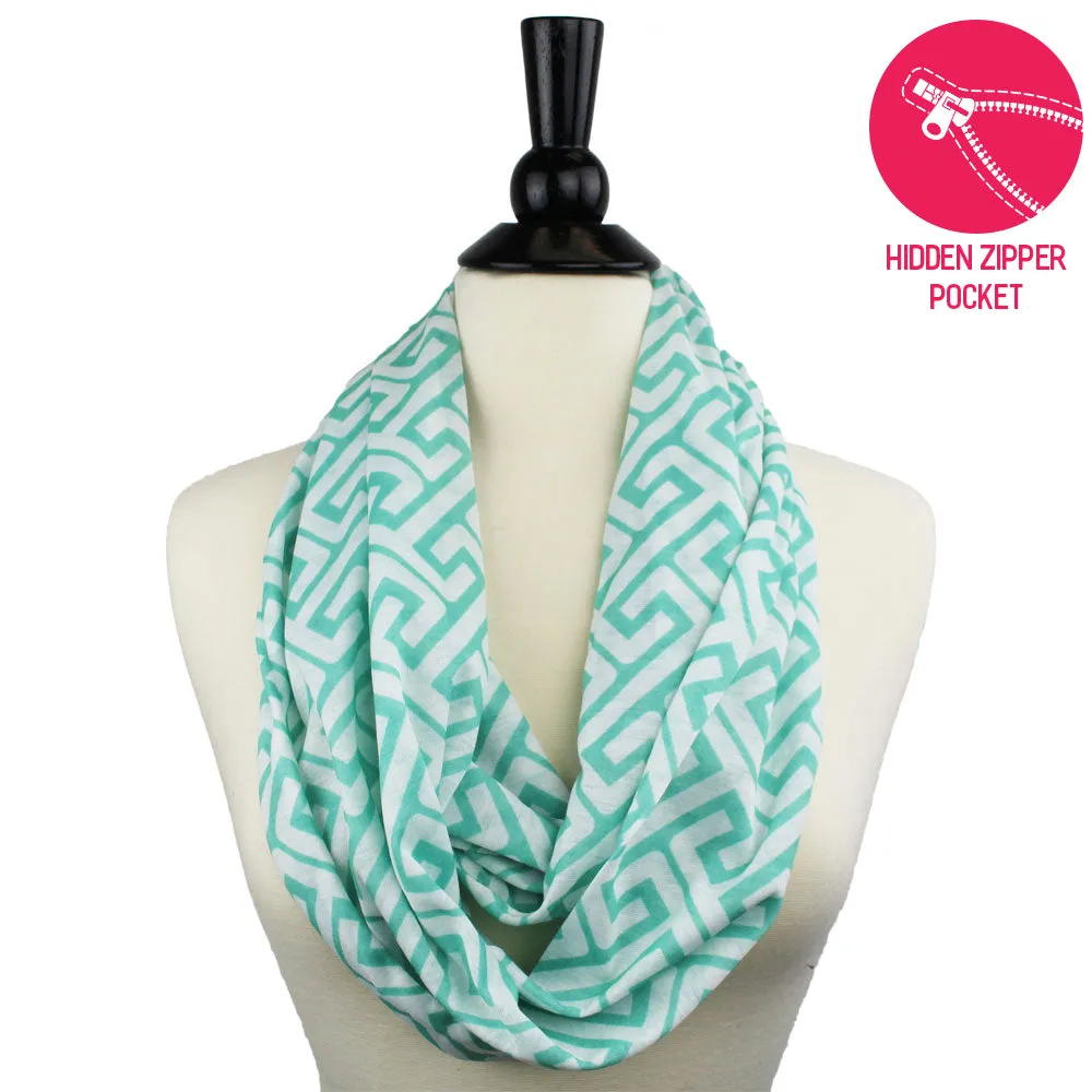 Pop Fashion Women's Infinity Pocket Scarf with Zipper Pocket, Greek Key Scarf Design, Infinity Scarves