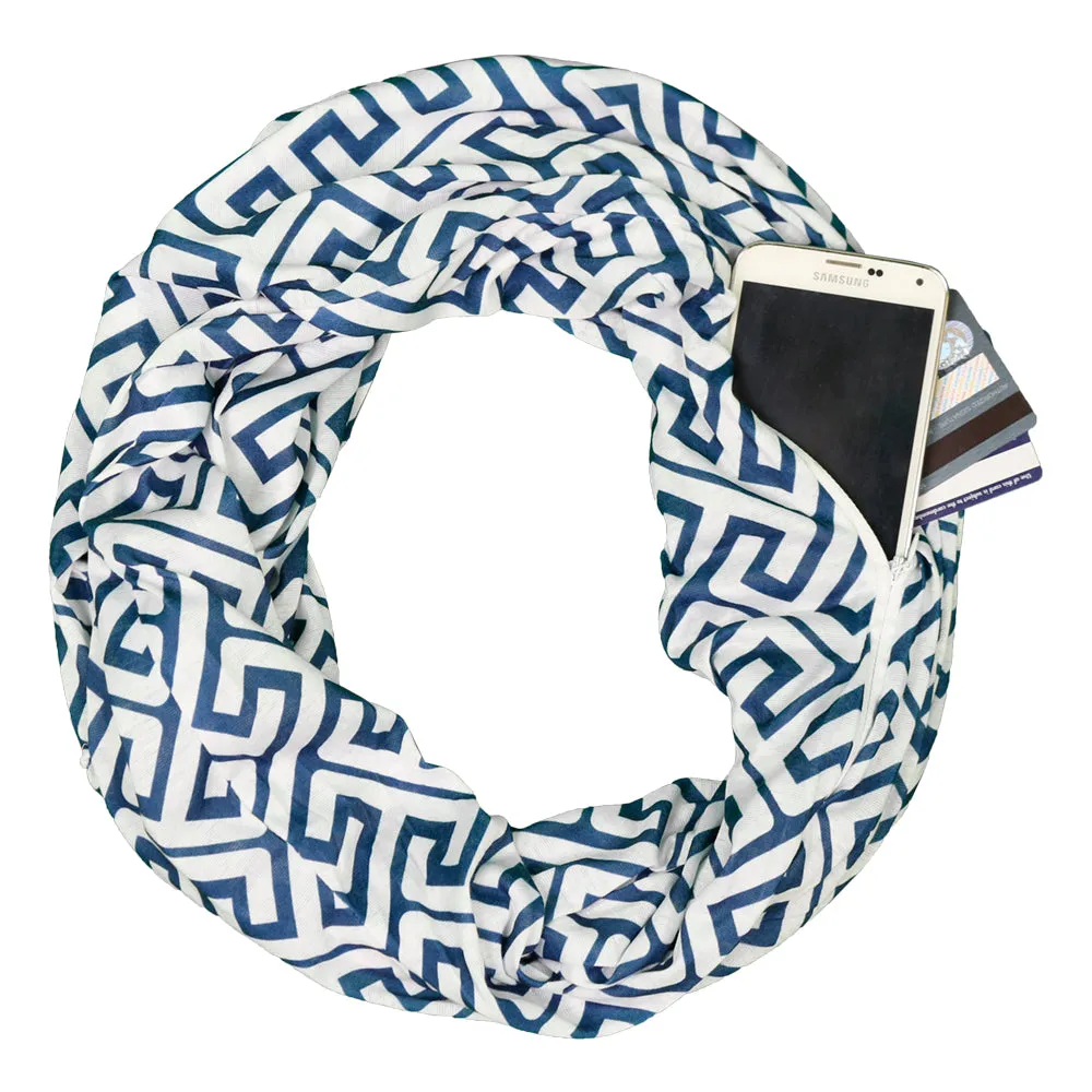 Pop Fashion Women's Infinity Pocket Scarf with Zipper Pocket, Greek Key Scarf Design, Infinity Scarves