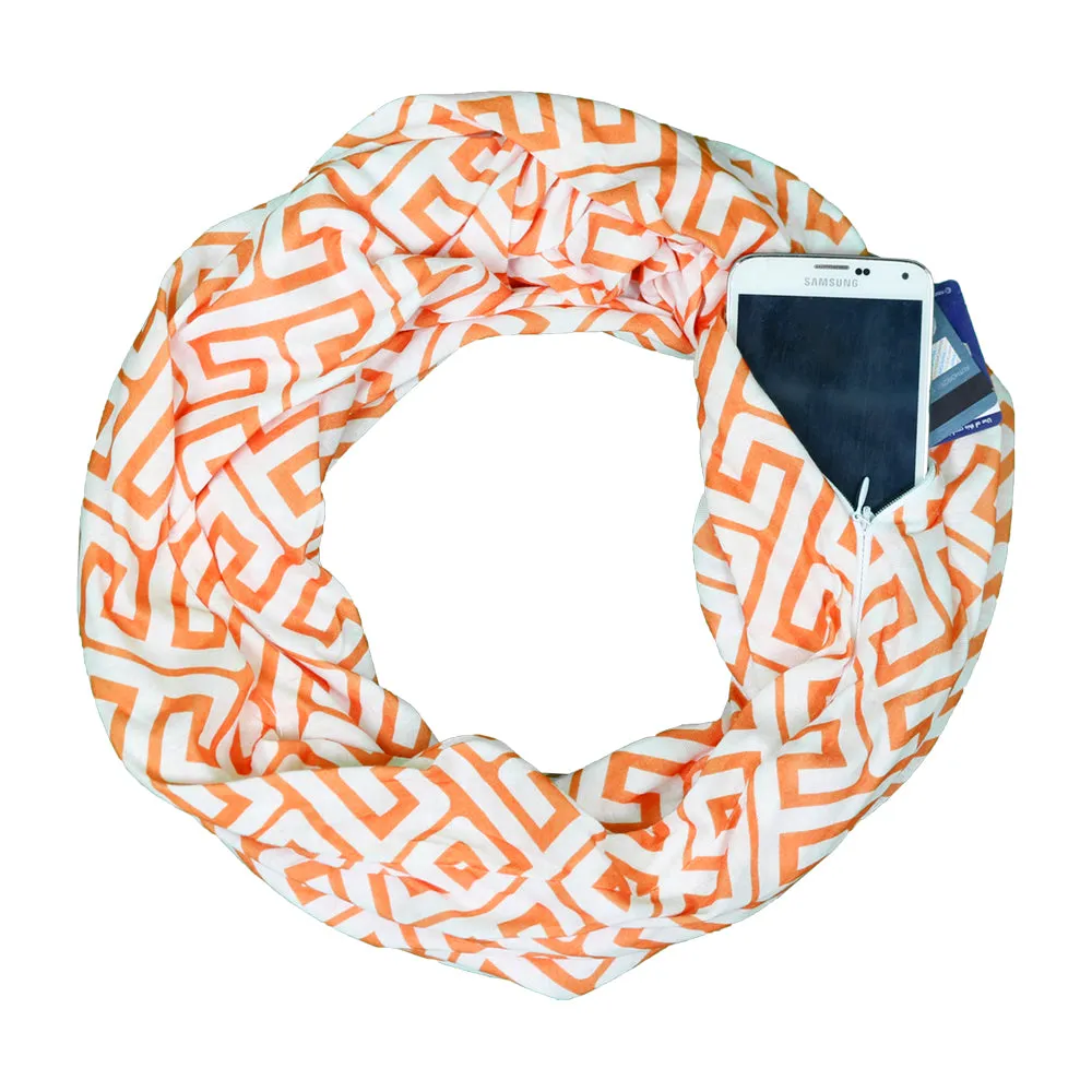 Pop Fashion Women's Infinity Pocket Scarf with Zipper Pocket, Greek Key Scarf Design, Infinity Scarves