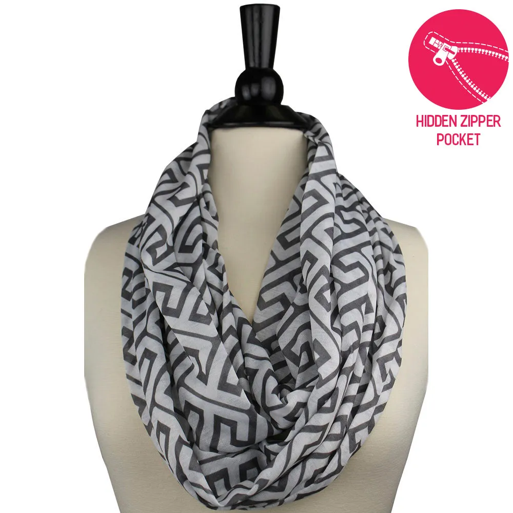 Pop Fashion Women's Infinity Pocket Scarf with Zipper Pocket, Greek Key Scarf Design, Infinity Scarves