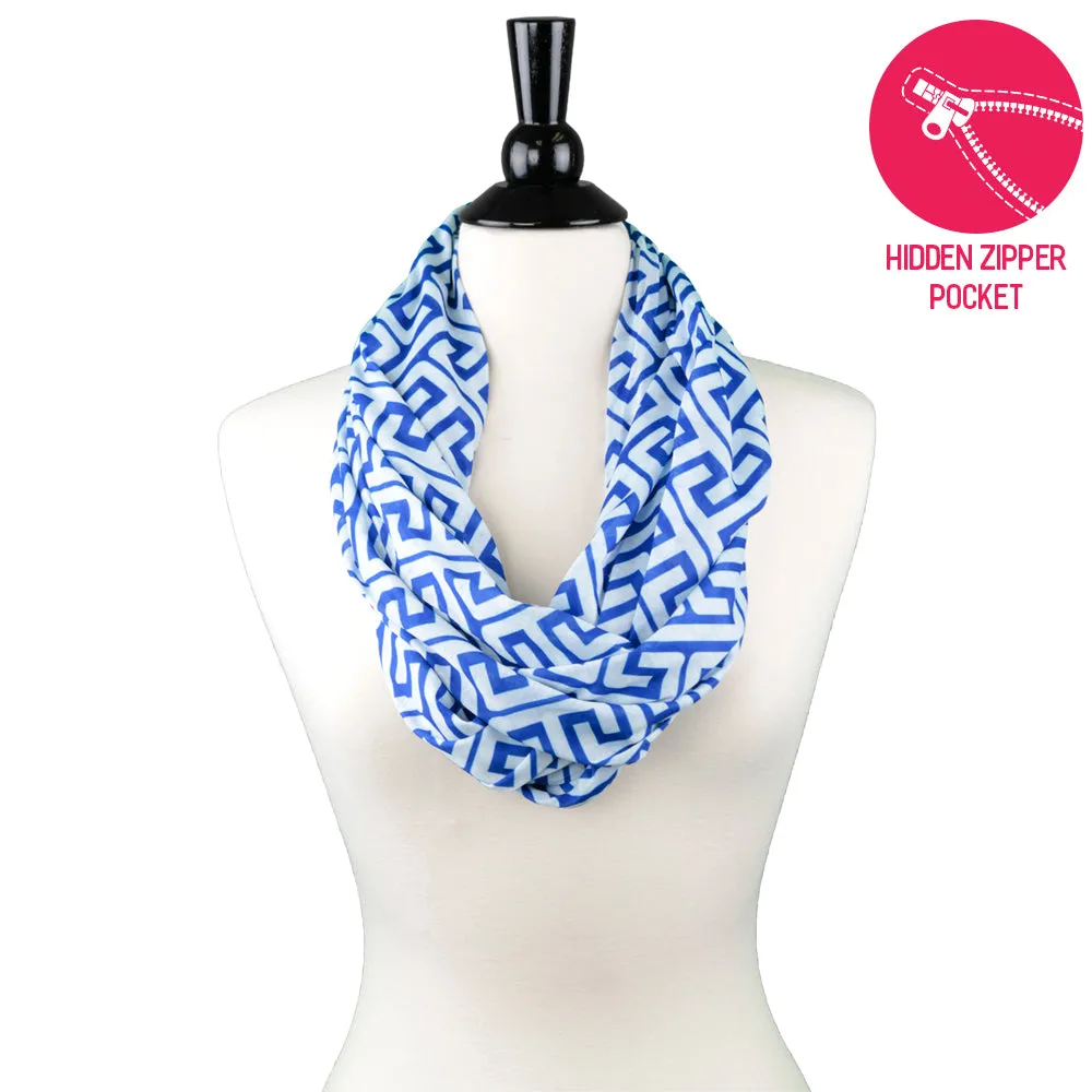 Pop Fashion Women's Infinity Pocket Scarf with Zipper Pocket, Greek Key Scarf Design, Infinity Scarves