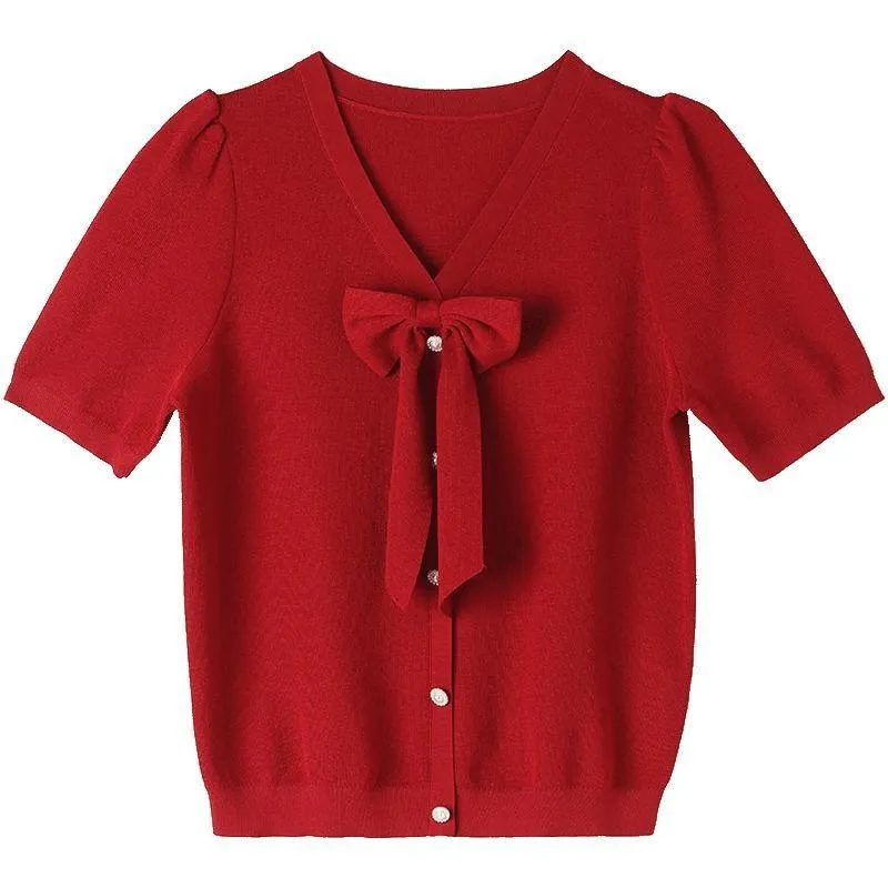 Red V-neck Detachable Bowknot Knit Top