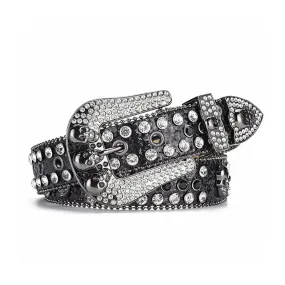 Rhinestone Skull Buckle Black Strap With Crystal Studded Belt