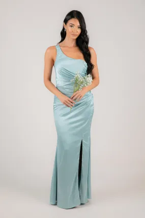 SELENE One Shoulder Satin Maxi Dress - Ice Blue