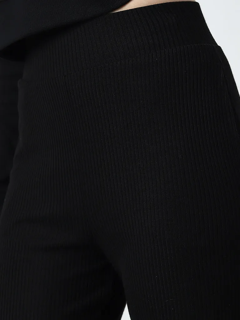 Studiofit Black Ribbed Textured High-Rise Track Pants