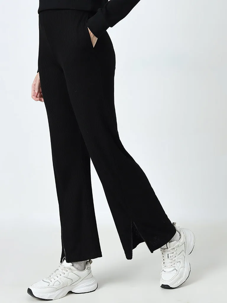 Studiofit Black Ribbed Textured High-Rise Track Pants