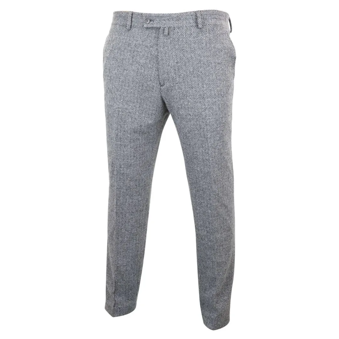 STZ11 - Men's Grey Charcoal Tweed Herringbone Wool Trousers