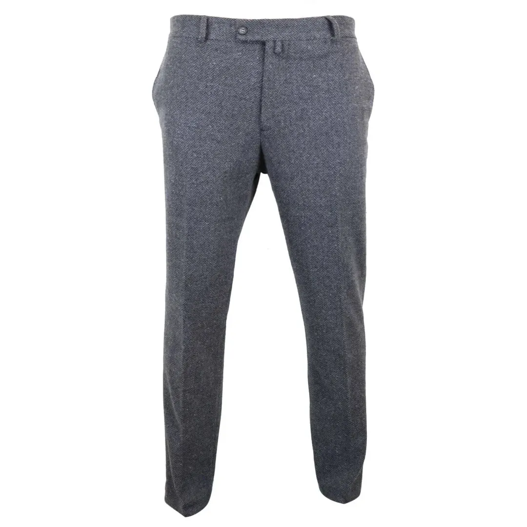 STZ11 - Men's Grey Charcoal Tweed Herringbone Wool Trousers