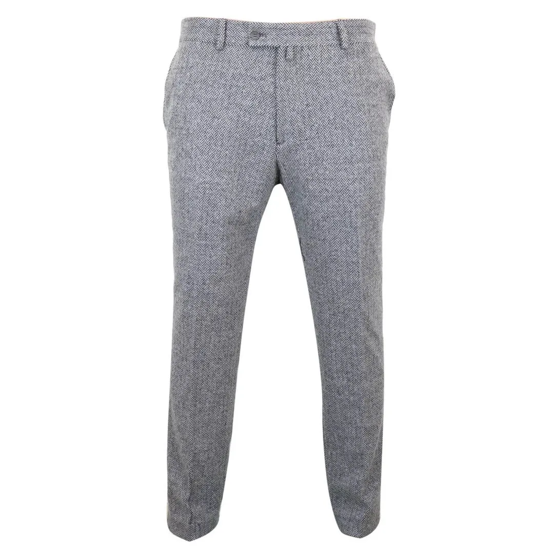 STZ11 - Men's Grey Charcoal Tweed Herringbone Wool Trousers