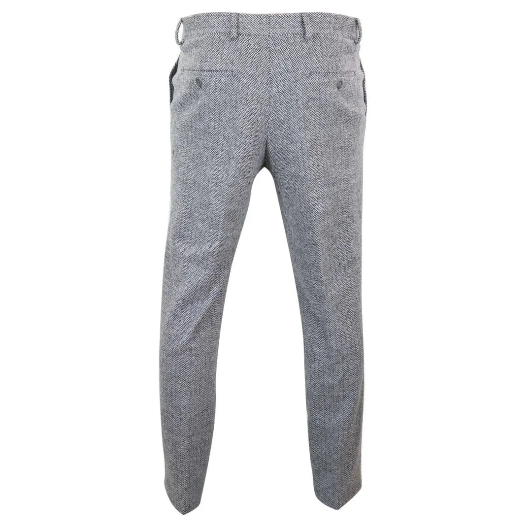 STZ11 - Men's Grey Charcoal Tweed Herringbone Wool Trousers