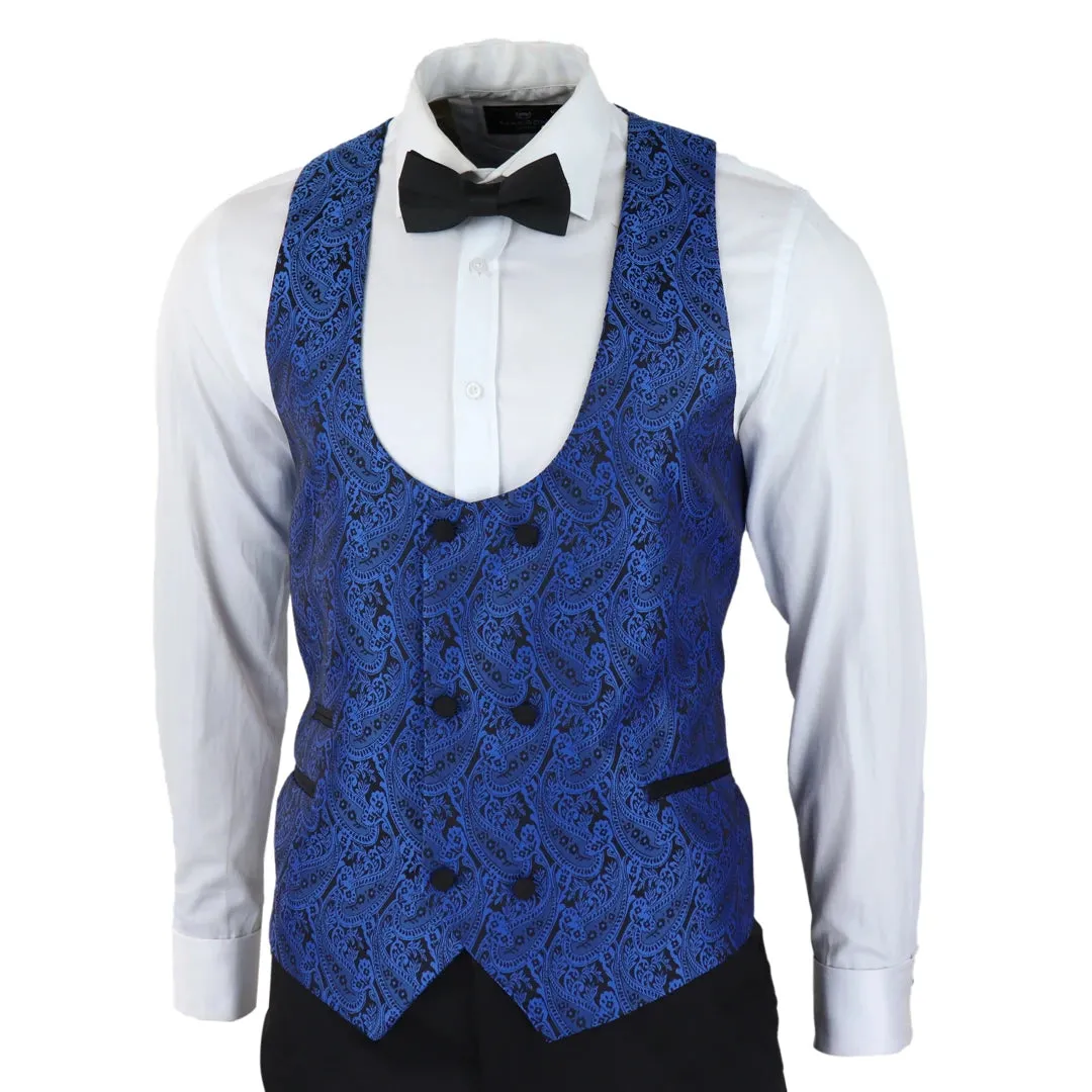 STZ60 - Men's Black Blue Paisley Tuxedo Blazer And Waistcoat Dinner Jacket Satin