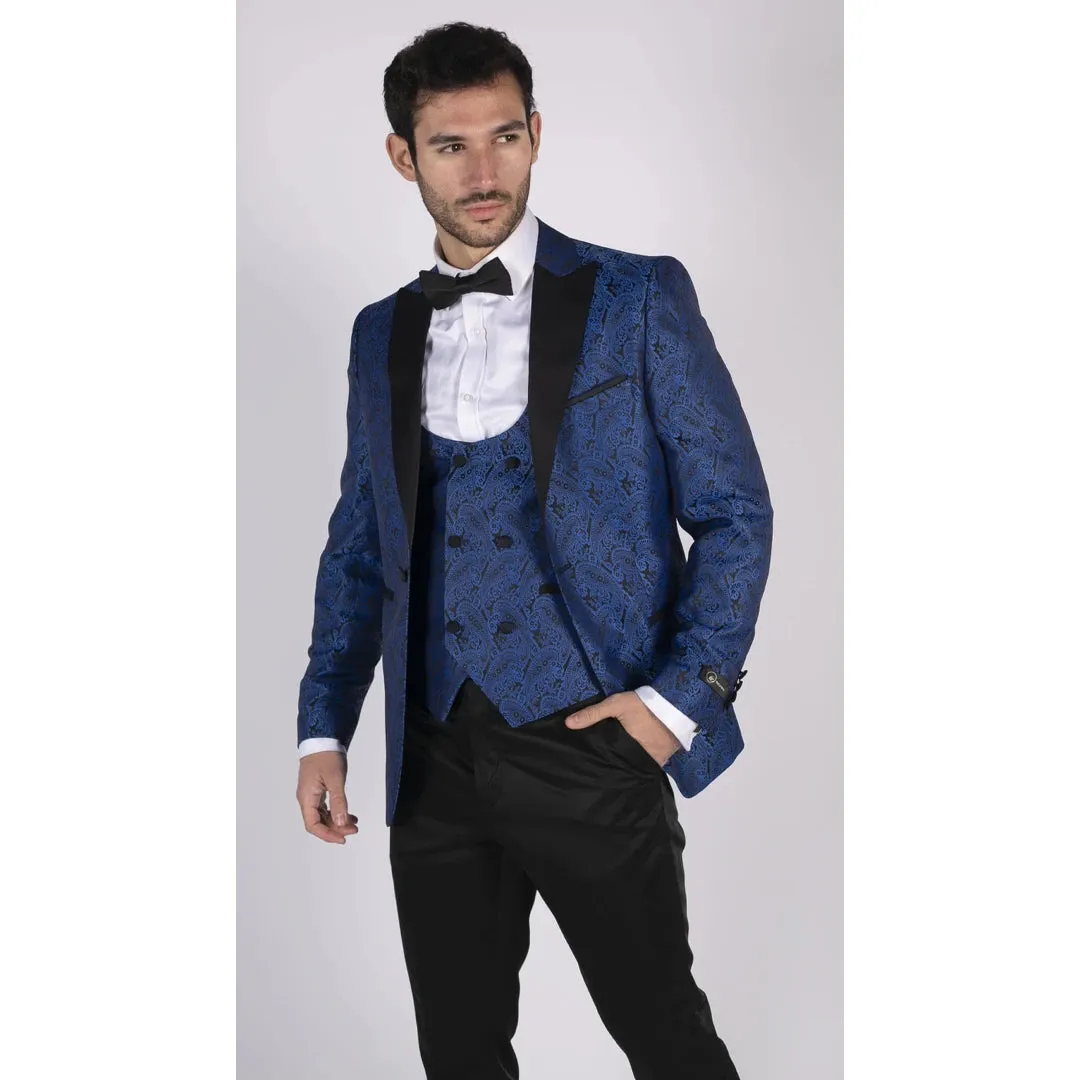 STZ60 - Men's Black Blue Paisley Tuxedo Blazer And Waistcoat Dinner Jacket Satin