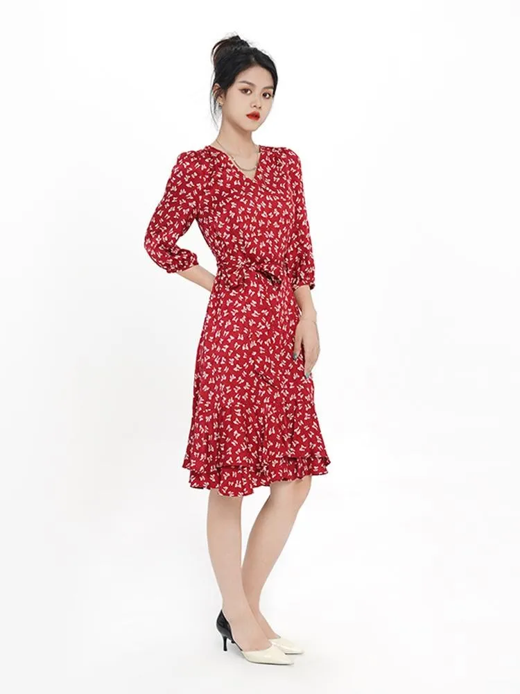 V-neck Floral Bowknot Midi Dress