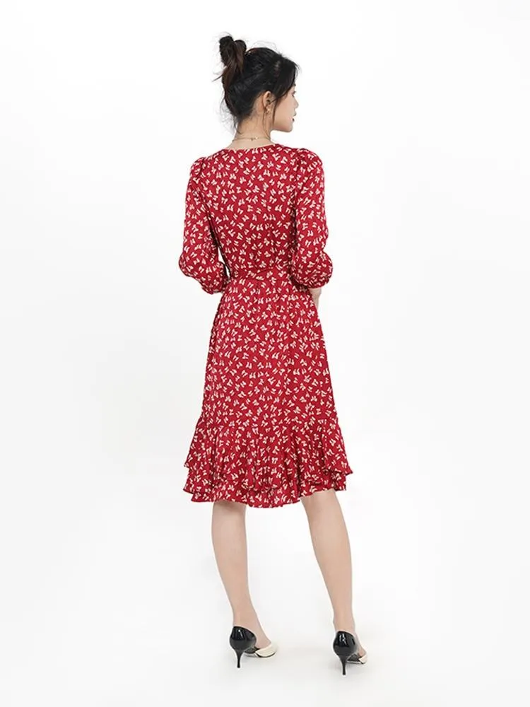 V-neck Floral Bowknot Midi Dress