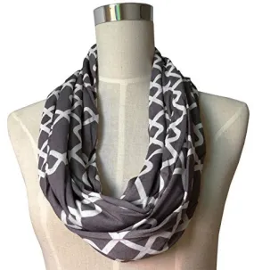 Womens Interlocking Chain Square Pattern Scarf w/ Zipper Pocket - Pop Fashion (Grey)